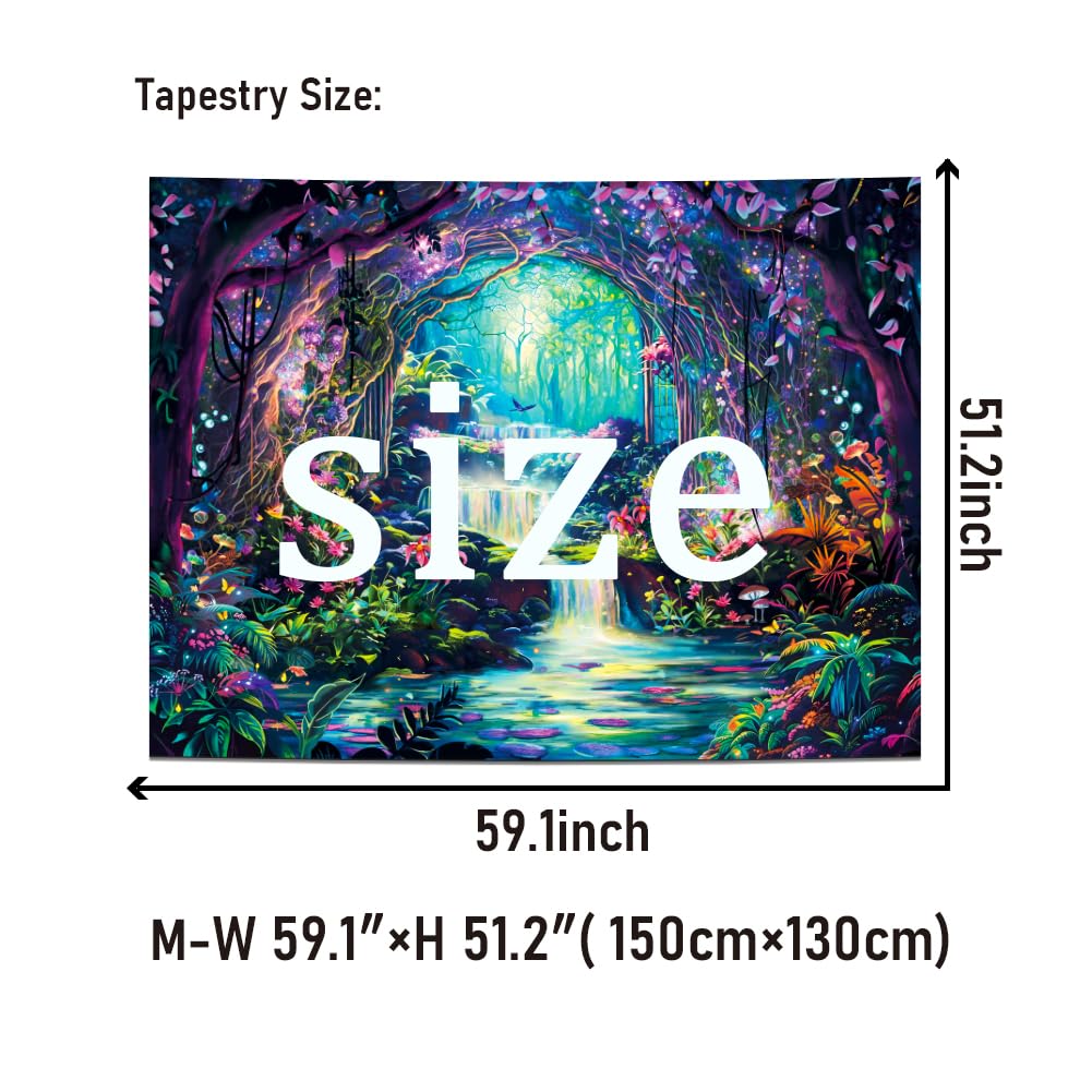 Heopapin Blacklight Magical Forest Tapestry UV Reactive Waterfall Plants Flower Tapestries Glow in Blacklight Fantasy Landscape Wall Hanging Decor for Home 59.1L x 51.2W