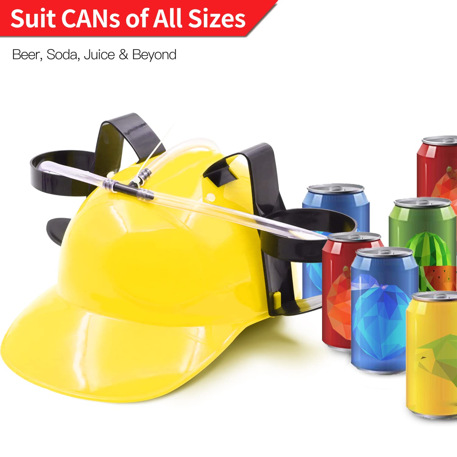 Novelty Place Drinking Helmet - Can Holder Drinker Hat Cap with Straw for Beer and Soda - Party Fun - Red/Yellow