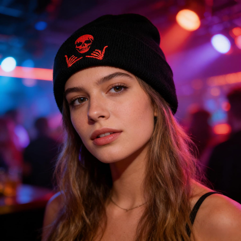 Embroidered Beanie for Men Women Stretch Knited Winter Hat Warm Cuffed Skeleton Hat Skull Cap