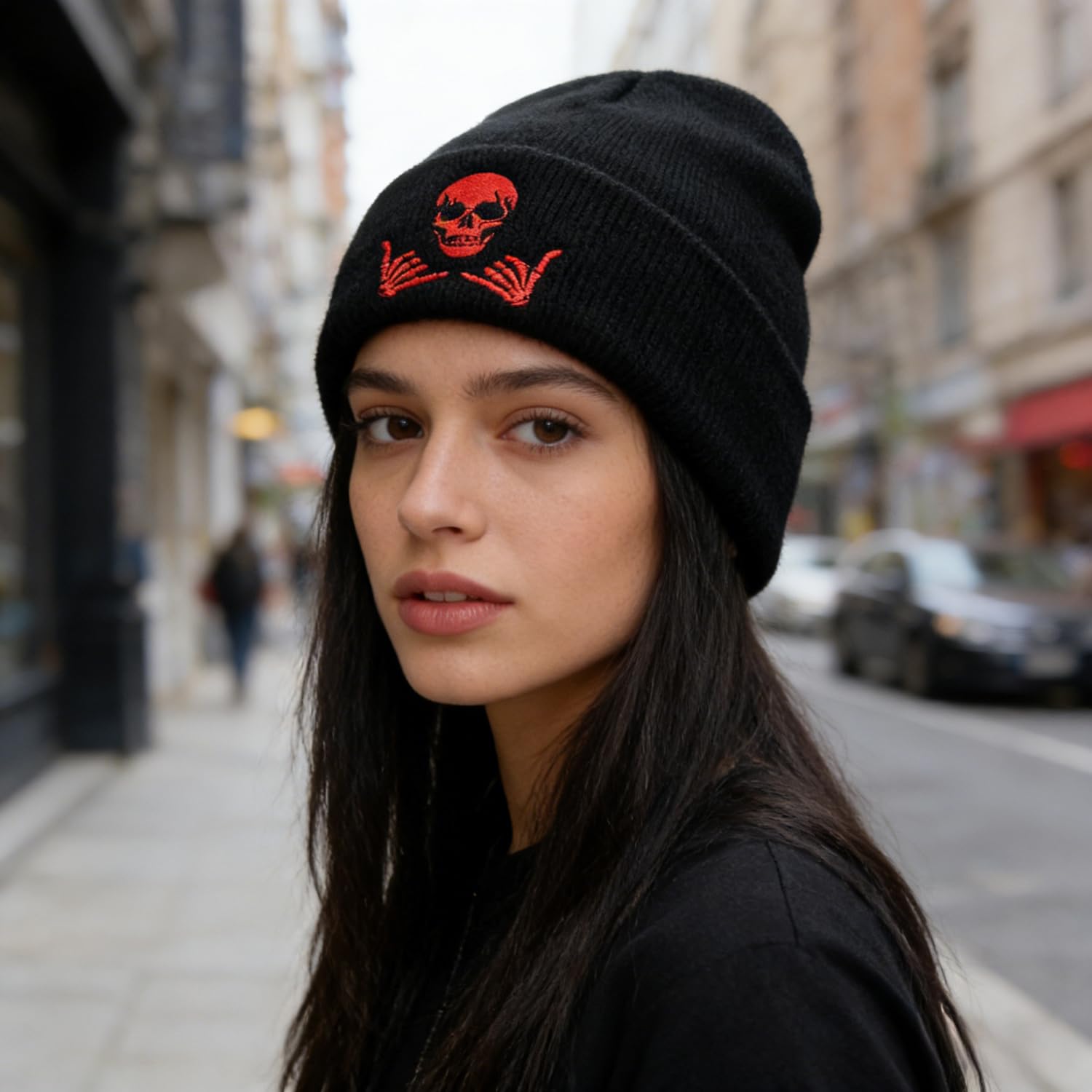 Embroidered Beanie for Men Women Stretch Knited Winter Hat Warm Cuffed Skeleton Hat Skull Cap