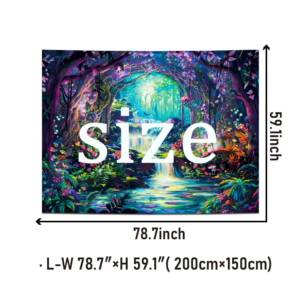 Heopapin Blacklight Magical Forest Tapestry UV Reactive Waterfall Plants Flower Tapestries Glow in Blacklight Fantasy Landscape Wall Hanging Decor for Home 59.1L x 51.2W