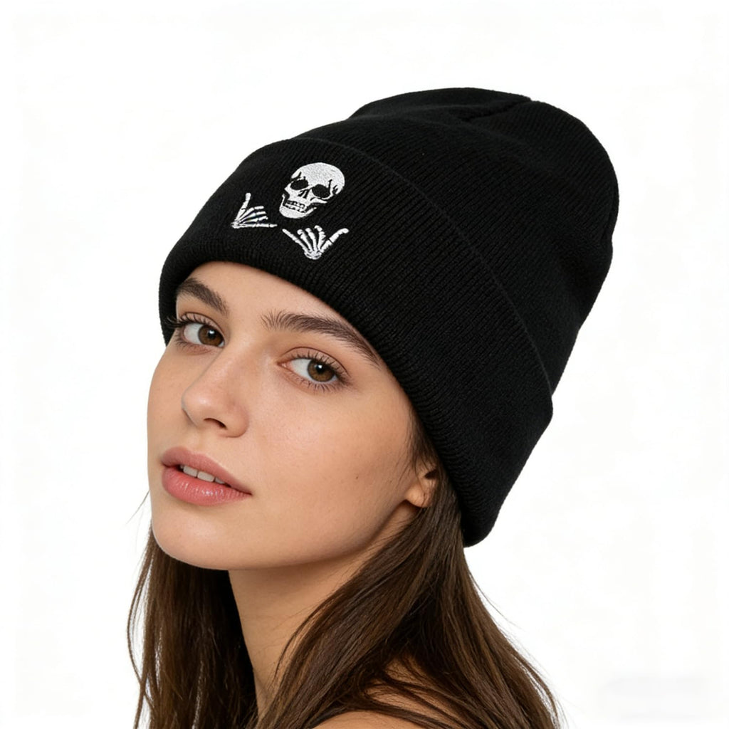 Embroidered Beanie for Men Women Stretch Knited Winter Hat Warm Cuffed Skeleton Hat Skull Cap
