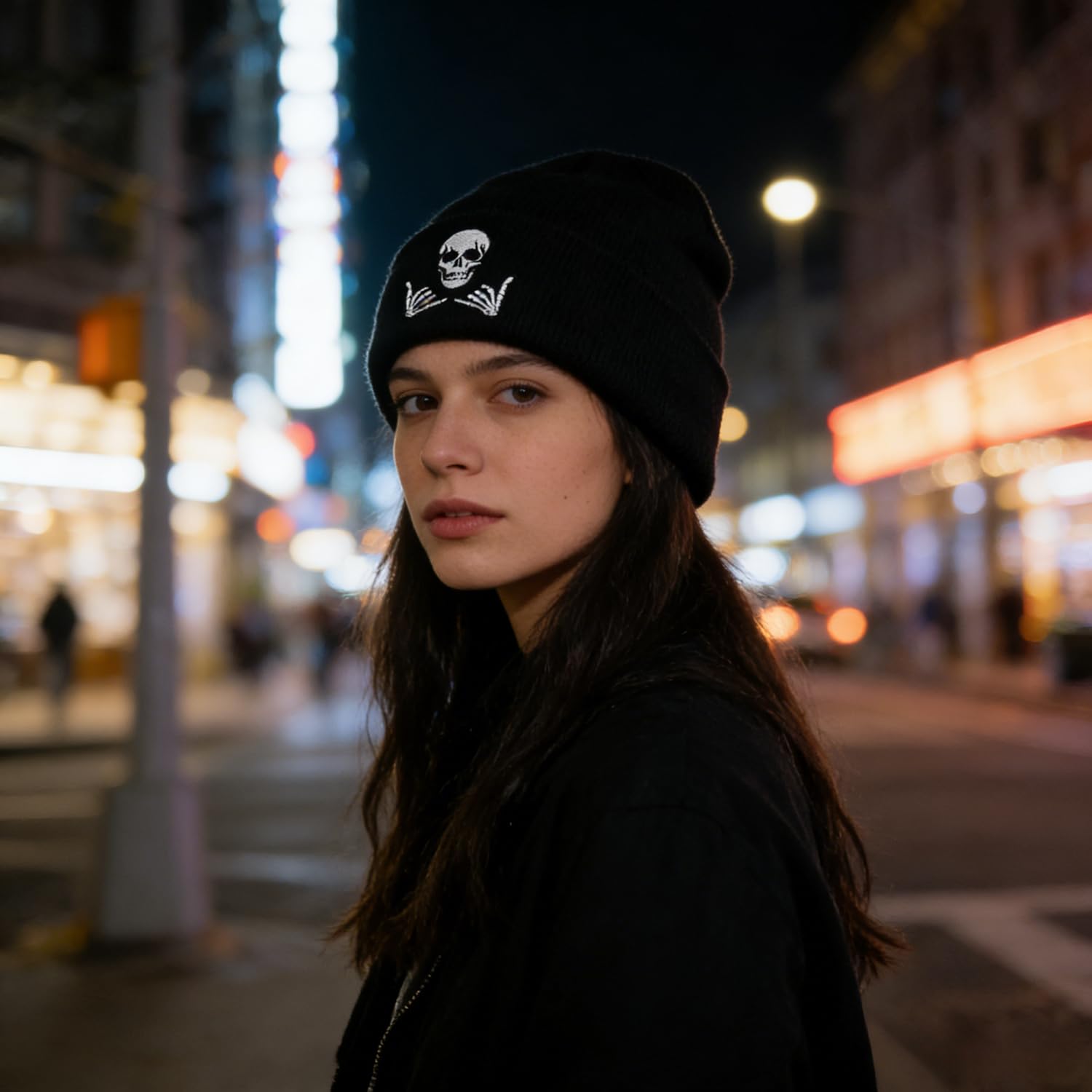 Embroidered Beanie for Men Women Stretch Knited Winter Hat Warm Cuffed Skeleton Hat Skull Cap