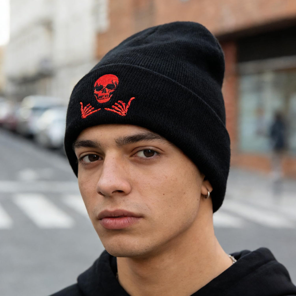 Embroidered Beanie for Men Women Stretch Knited Winter Hat Warm Cuffed Skeleton Hat Skull Cap