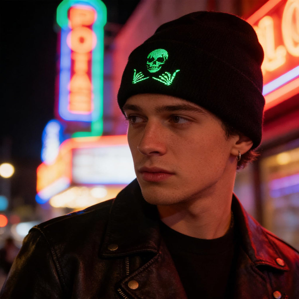 Embroidered Beanie for Men Women Stretch Knited Winter Hat Warm Cuffed Skeleton Hat Skull Cap