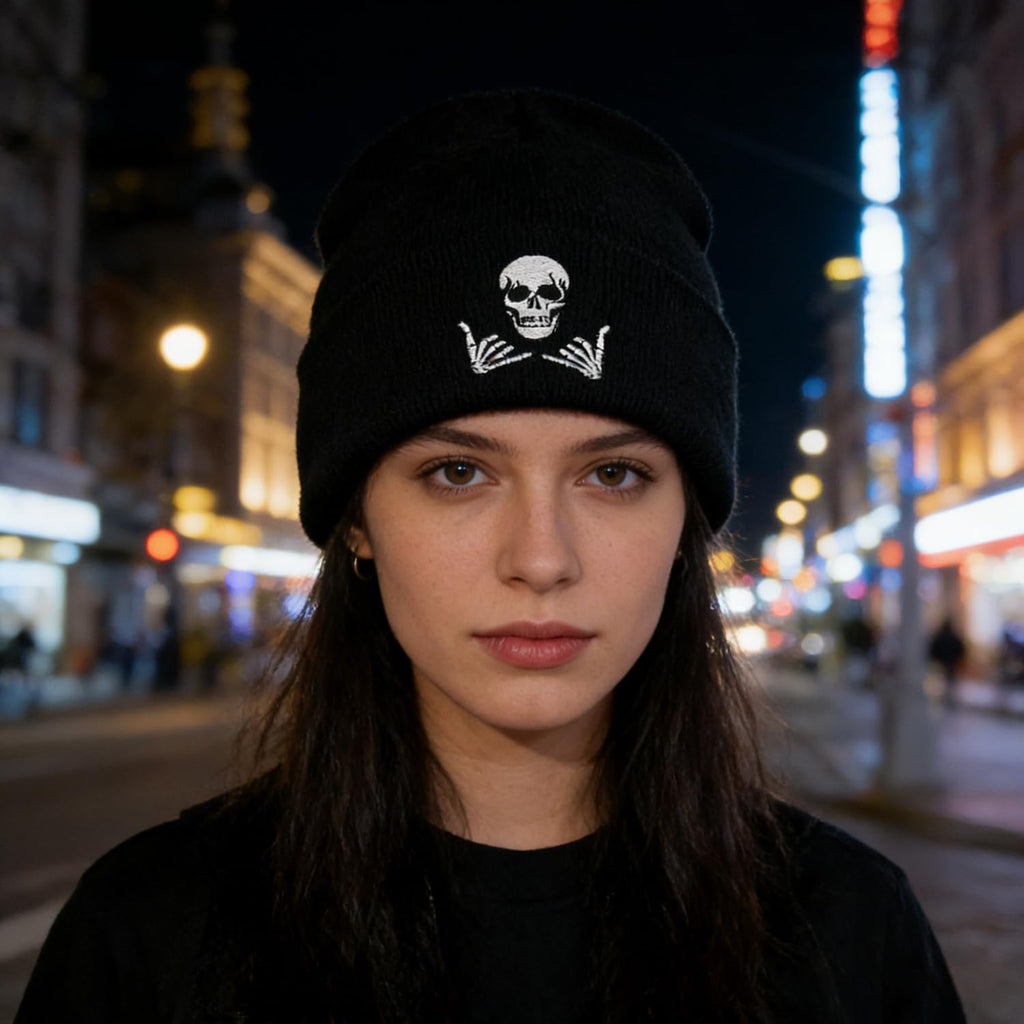 Embroidered Beanie for Men Women Stretch Knited Winter Hat Warm Cuffed Skeleton Hat Skull Cap