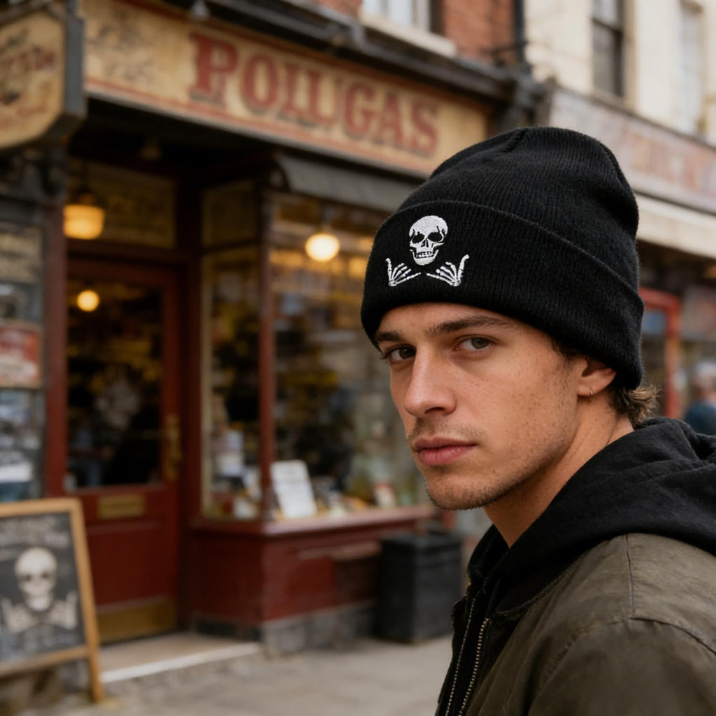 Embroidered Beanie for Men Women Stretch Knited Winter Hat Warm Cuffed Skeleton Hat Skull Cap