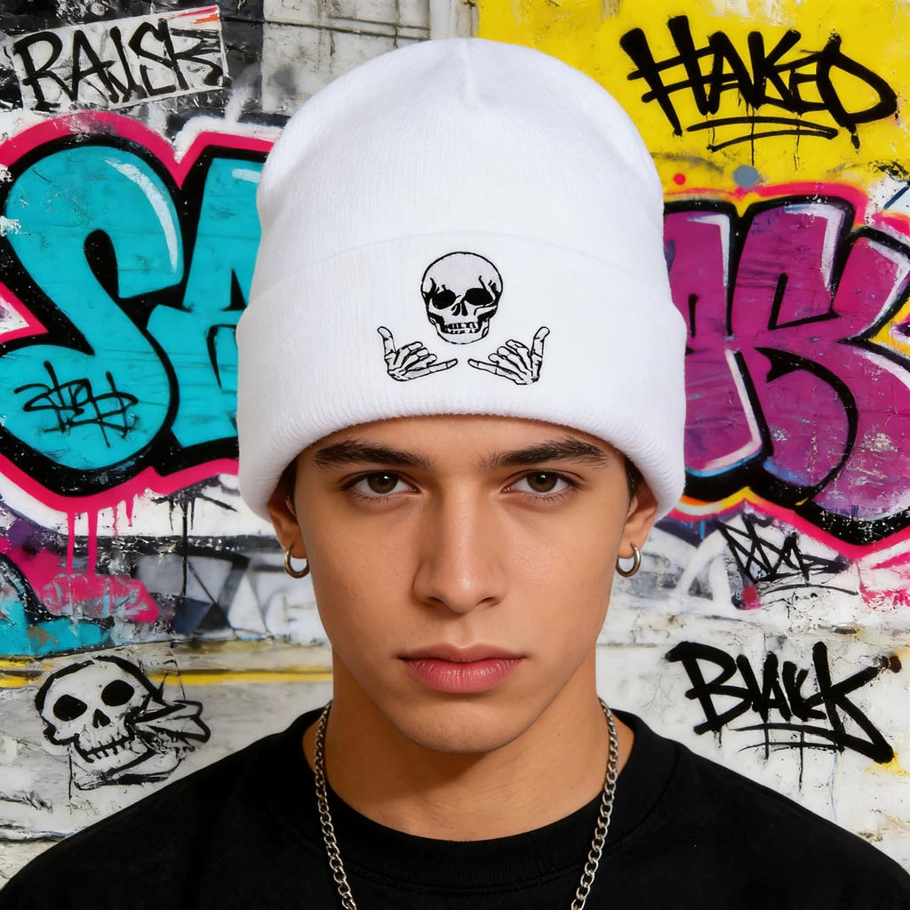 Embroidered Beanie for Men Women Stretch Knited Winter Hat Warm Cuffed Skeleton Hat Skull Cap