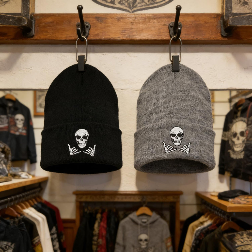 Embroidered Beanie for Men Women Stretch Knited Winter Hat Warm Cuffed Skeleton Hat Skull Cap