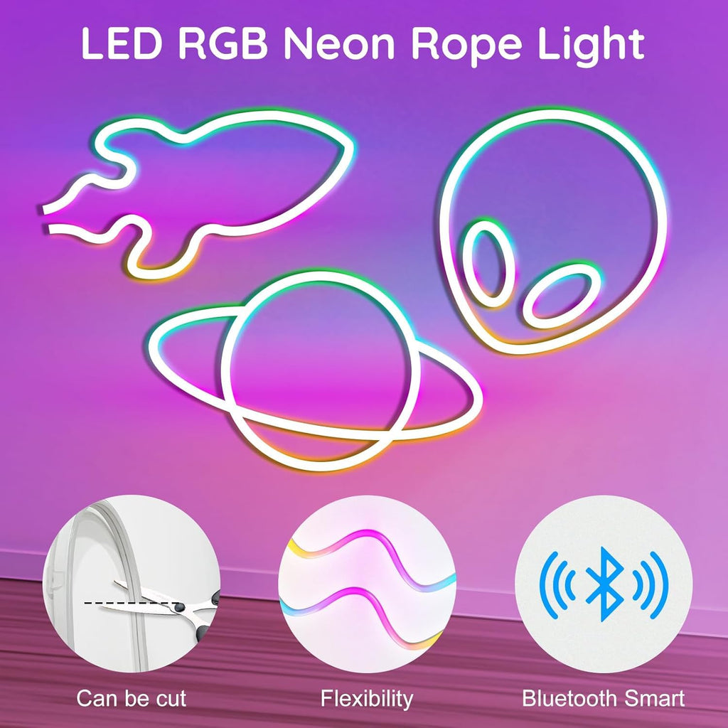 RCUICA 16.4FT LED Neon Rope Lights Waterproof with Smart App Control Remote