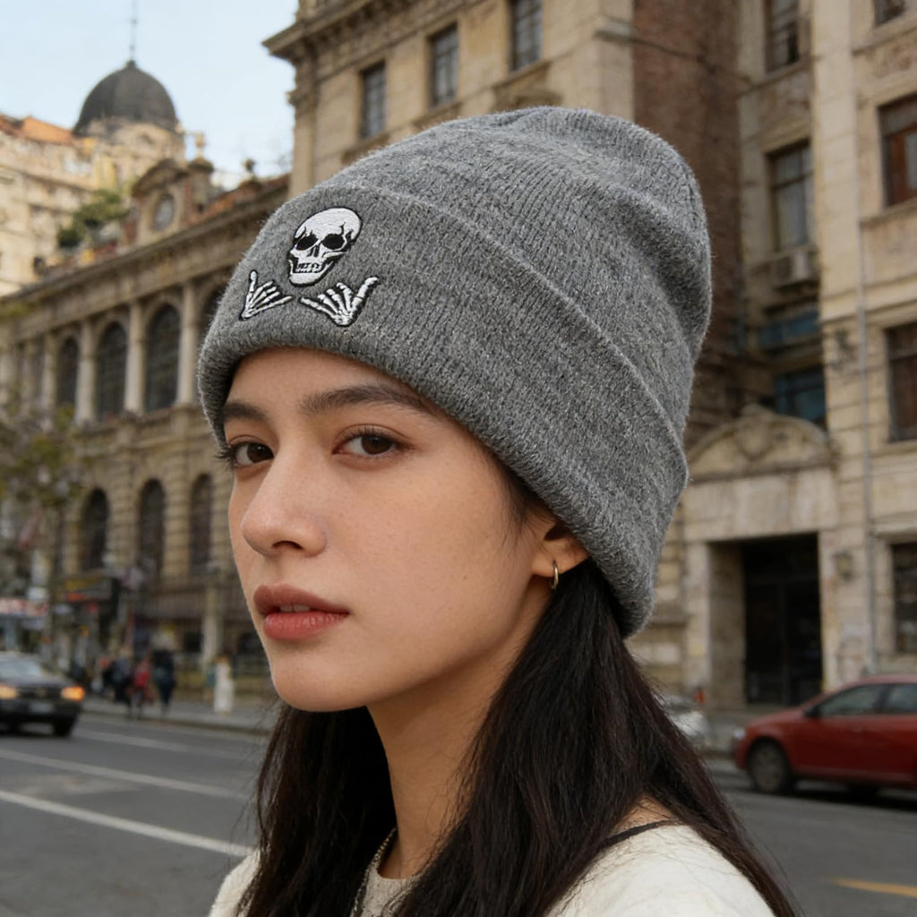 Embroidered Beanie for Men Women Stretch Knited Winter Hat Warm Cuffed Skeleton Hat Skull Cap