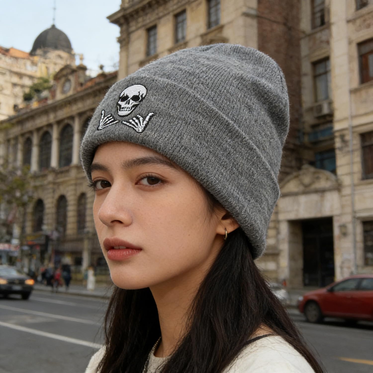 Embroidered Beanie for Men Women Stretch Knited Winter Hat Warm Cuffed Skeleton Hat Skull Cap