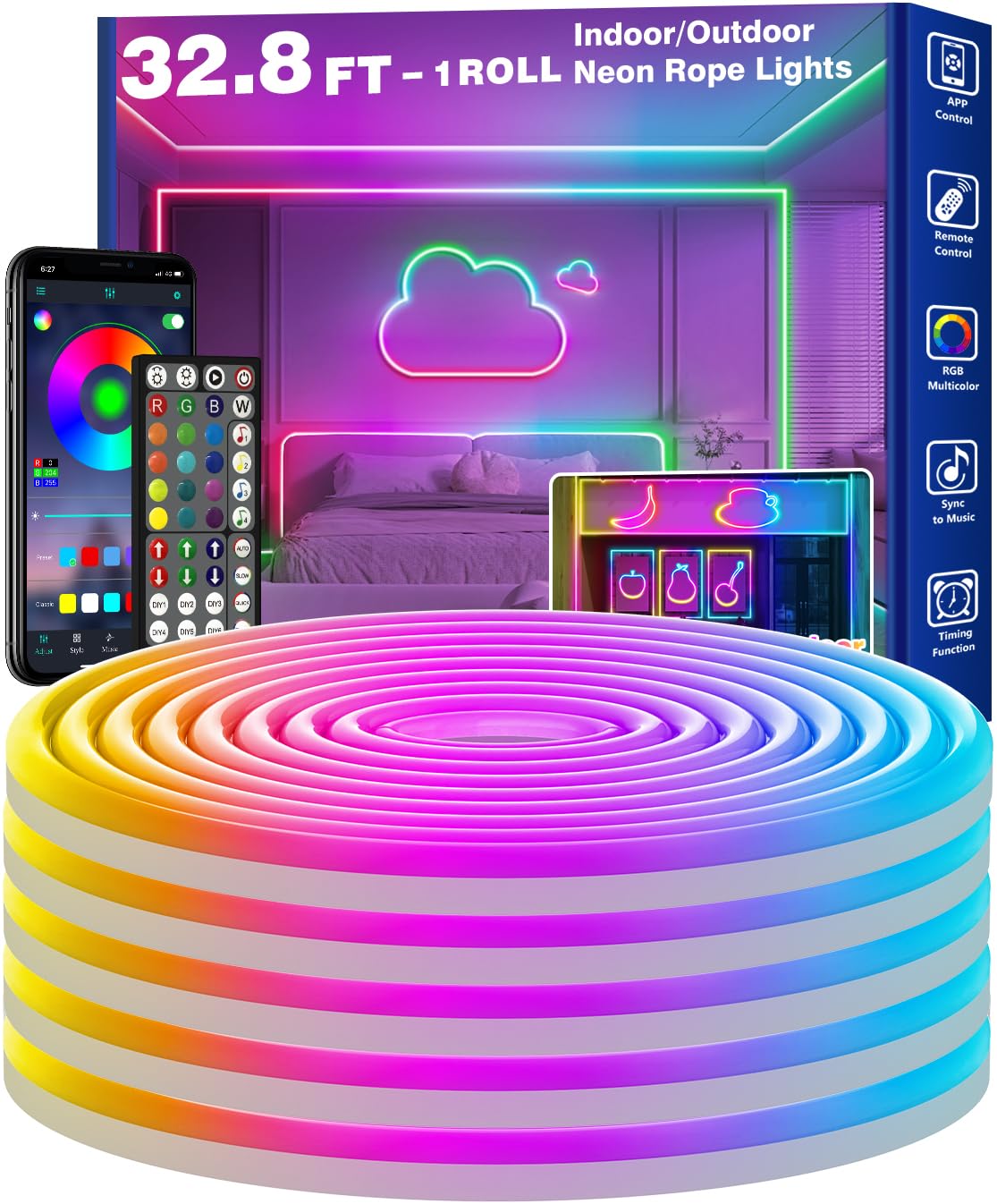 RCUICA 16.4FT LED Neon Rope Lights Waterproof with Smart App Control Remote