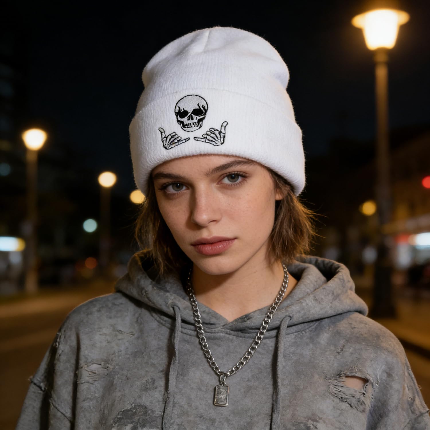 Embroidered Beanie for Men Women Stretch Knited Winter Hat Warm Cuffed Skeleton Hat Skull Cap