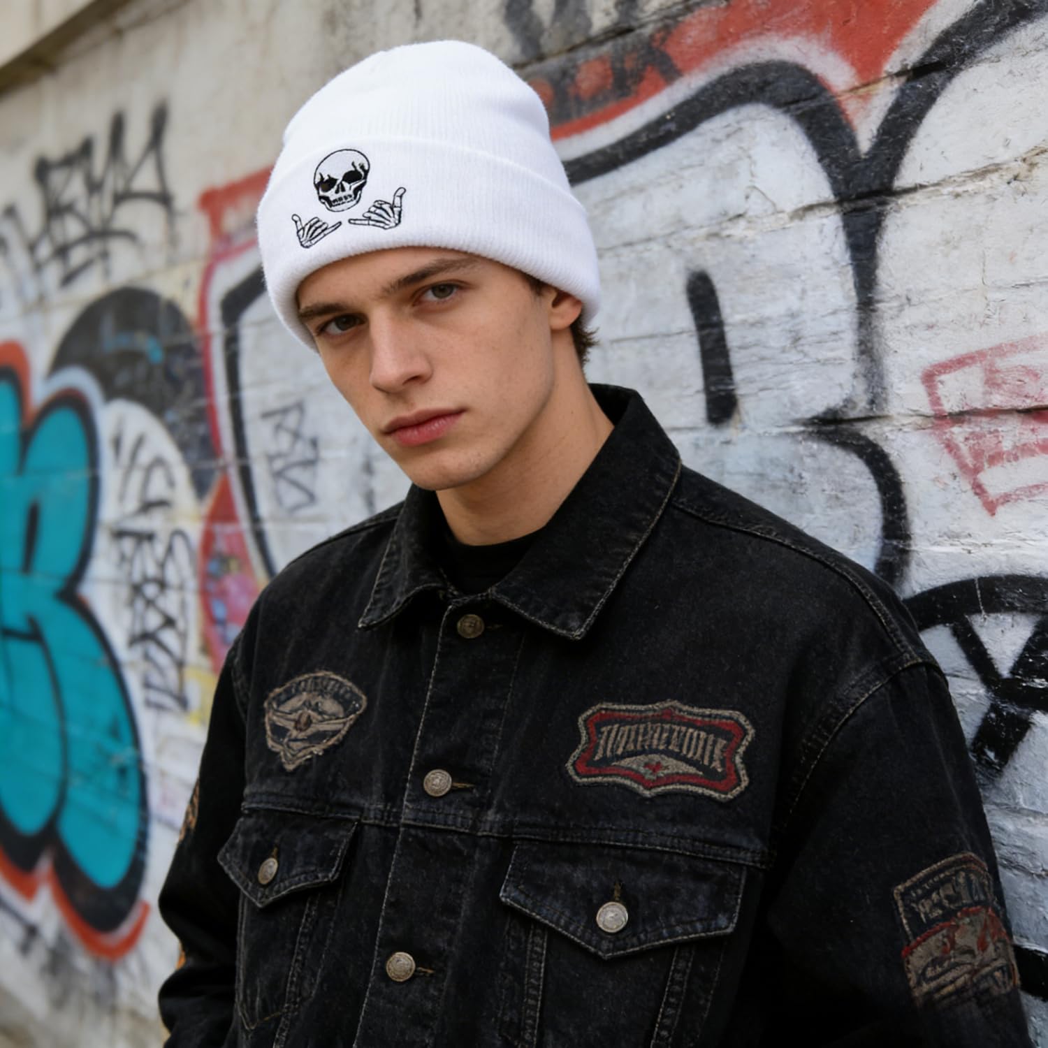 Embroidered Beanie for Men Women Stretch Knited Winter Hat Warm Cuffed Skeleton Hat Skull Cap