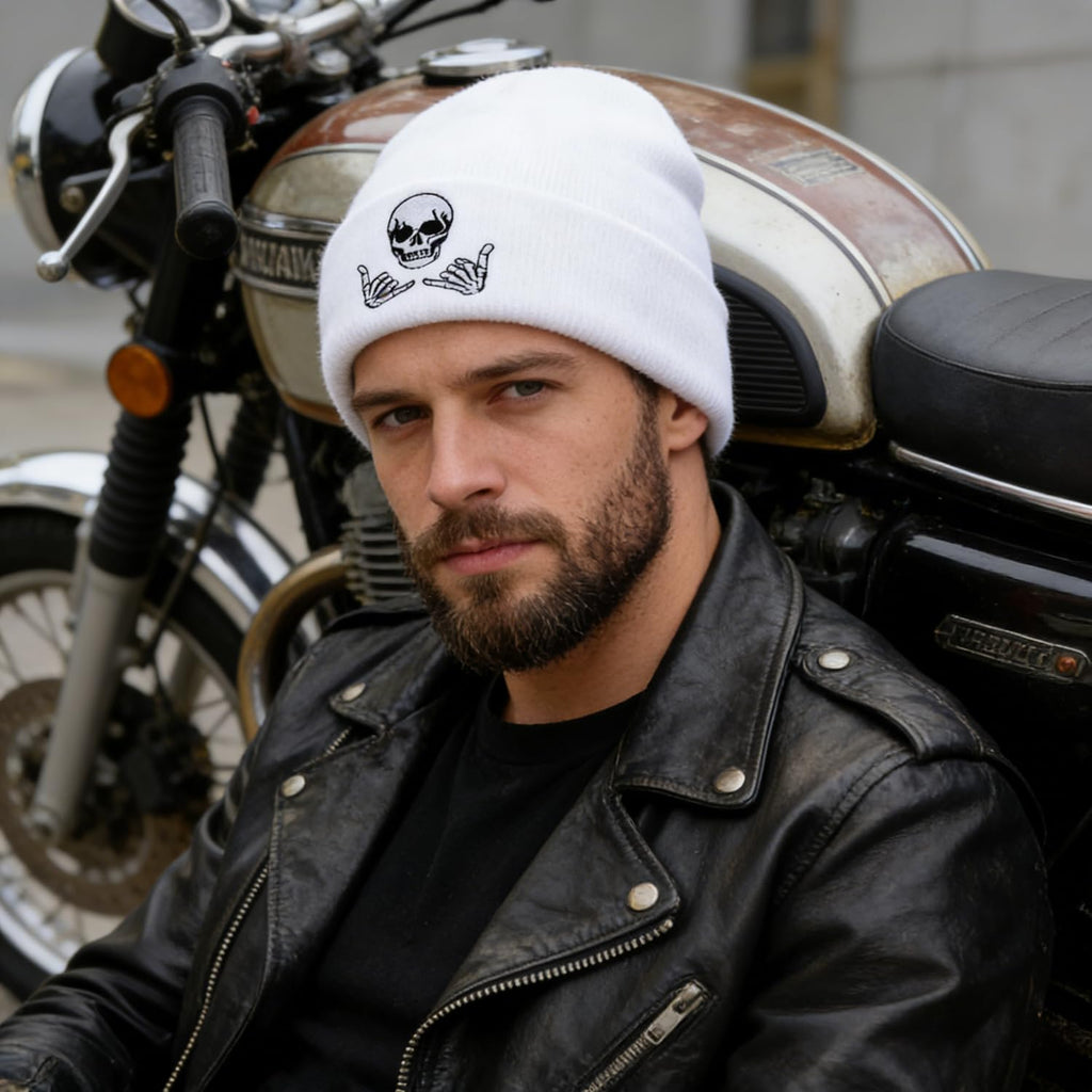 Embroidered Beanie for Men Women Stretch Knited Winter Hat Warm Cuffed Skeleton Hat Skull Cap