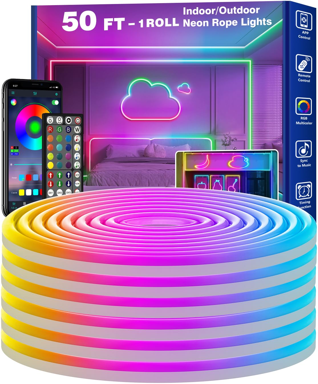 RCUICA 16.4FT LED Neon Rope Lights Waterproof with Smart App Control Remote