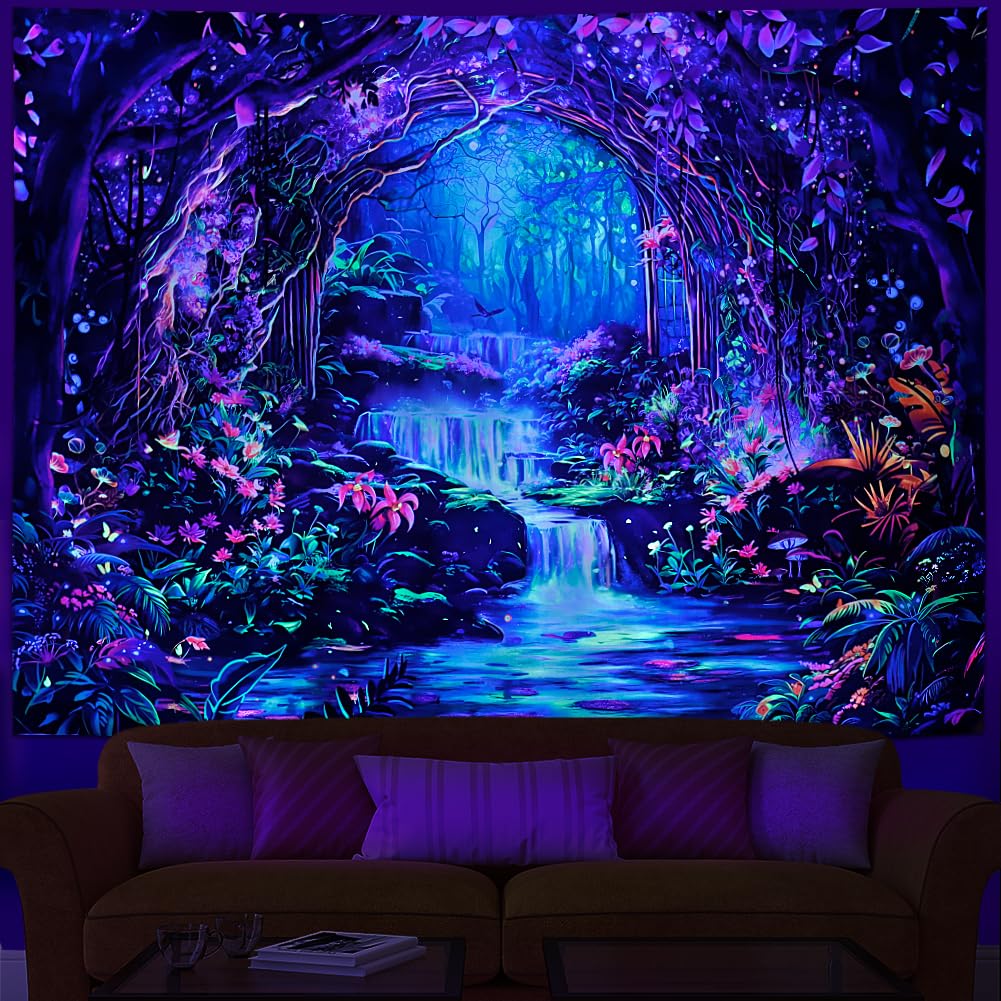 Heopapin Blacklight Magical Forest Tapestry UV Reactive Waterfall Plants Flower Tapestries Glow in Blacklight Fantasy Landscape Wall Hanging Decor for Home 59.1L x 51.2W