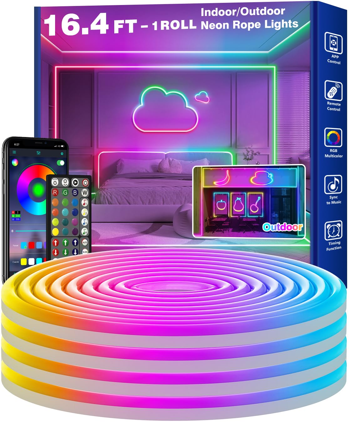 RCUICA 16.4FT LED Neon Rope Lights Waterproof with Smart App Control Remote
