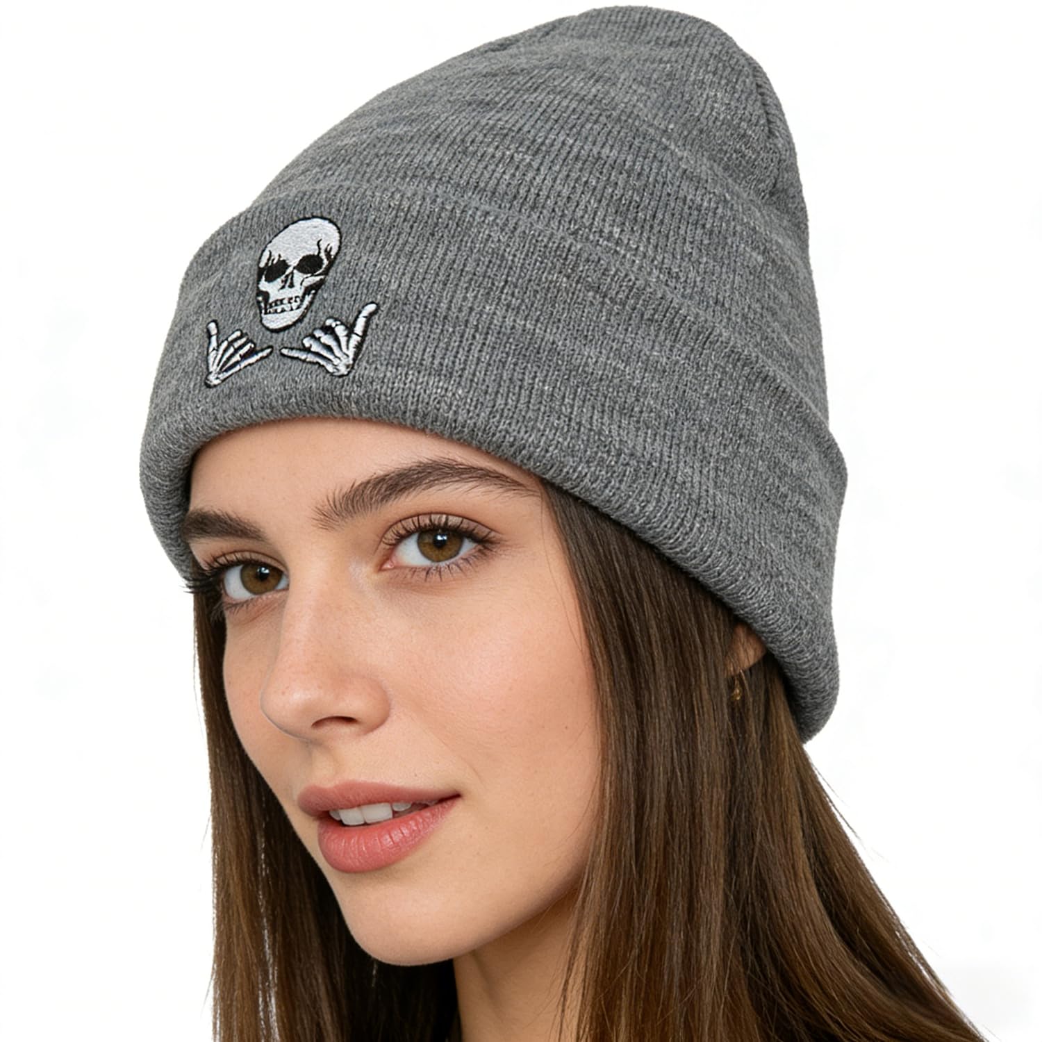 Embroidered Beanie for Men Women Stretch Knited Winter Hat Warm Cuffed Skeleton Hat Skull Cap