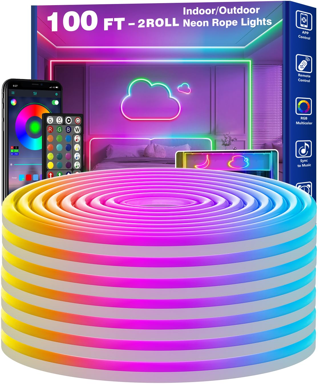 RCUICA 16.4FT LED Neon Rope Lights Waterproof with Smart App Control Remote