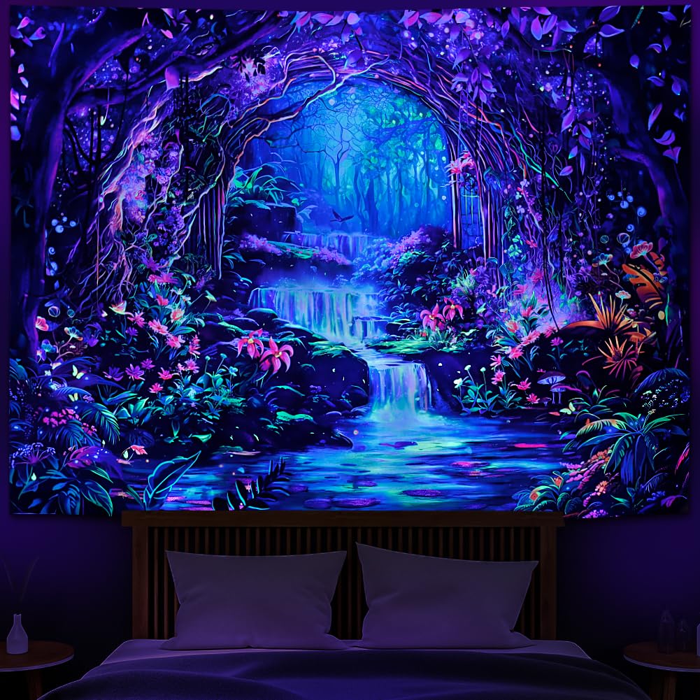 Heopapin Blacklight Magical Forest Tapestry UV Reactive Waterfall Plants Flower Tapestries Glow in Blacklight Fantasy Landscape Wall Hanging Decor for Home 59.1L x 51.2W