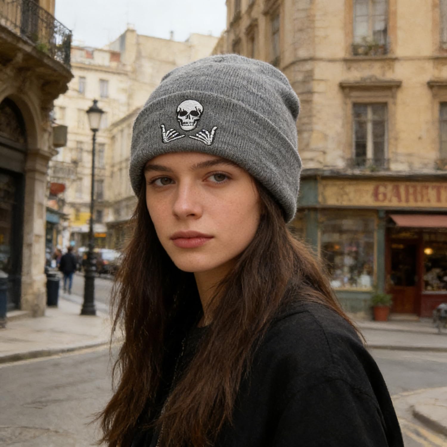 Embroidered Beanie for Men Women Stretch Knited Winter Hat Warm Cuffed Skeleton Hat Skull Cap