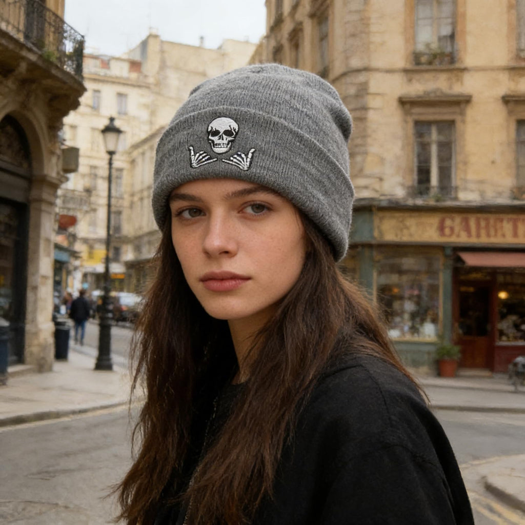 Embroidered Beanie for Men Women Stretch Knited Winter Hat Warm Cuffed Skeleton Hat Skull Cap