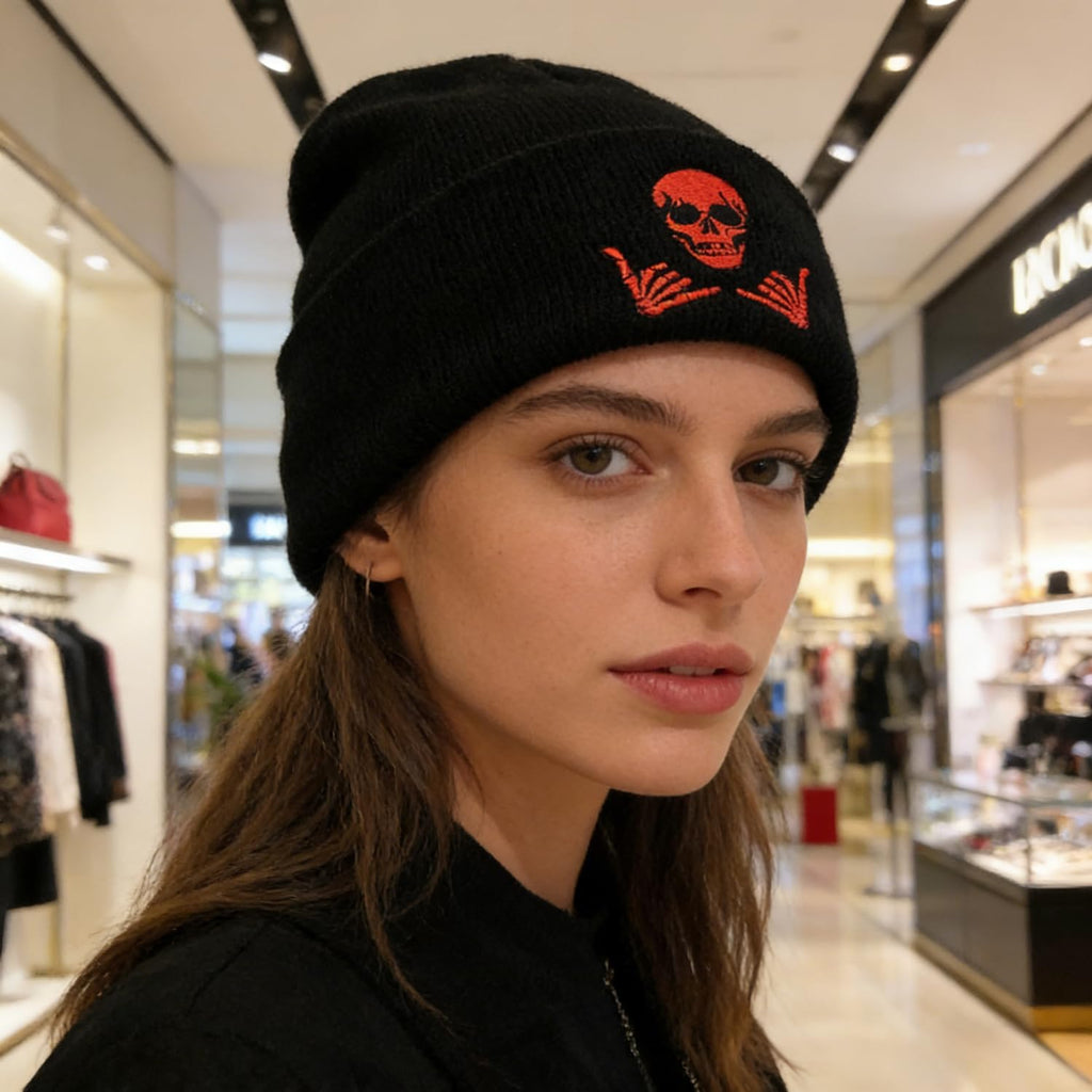 Embroidered Beanie for Men Women Stretch Knited Winter Hat Warm Cuffed Skeleton Hat Skull Cap