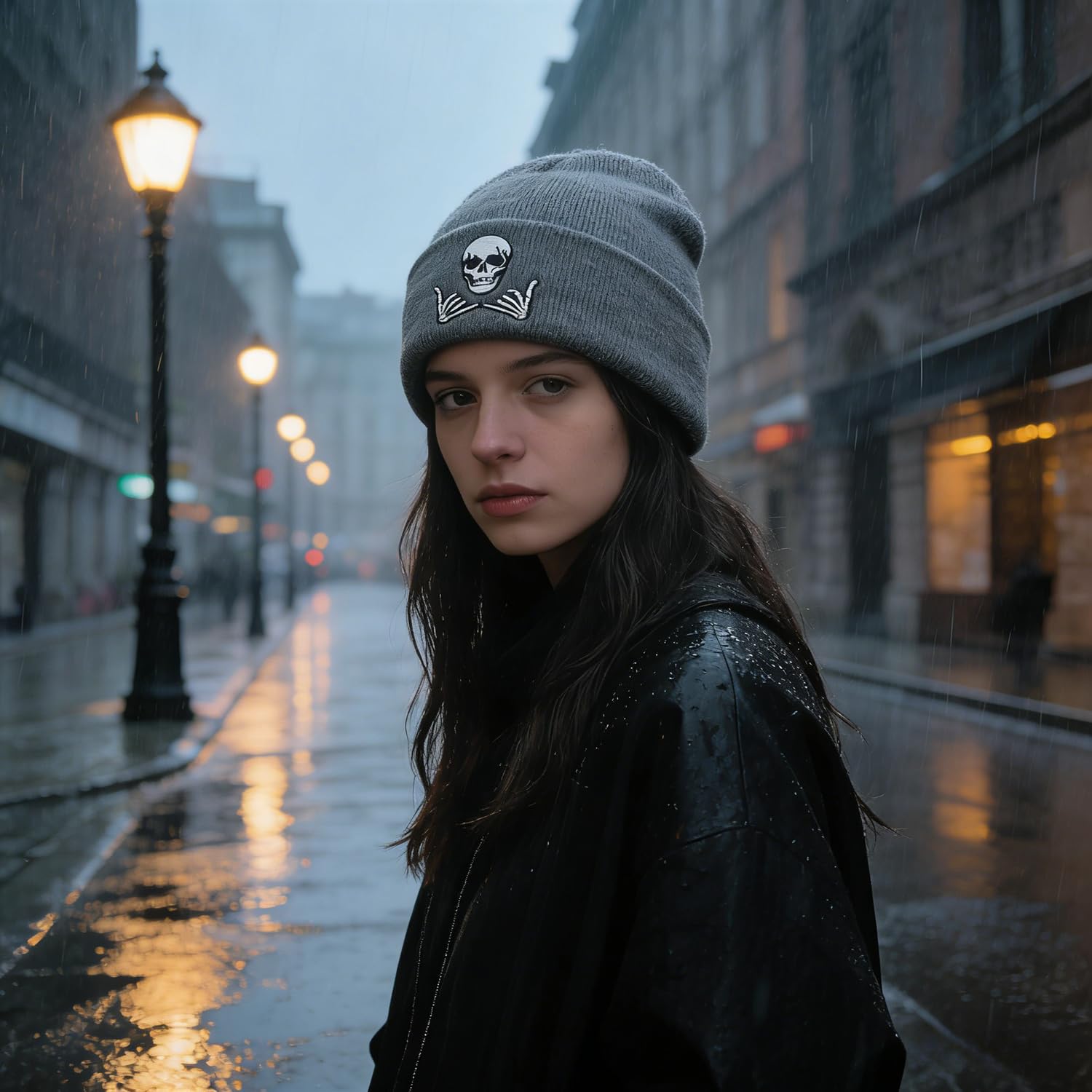 Embroidered Beanie for Men Women Stretch Knited Winter Hat Warm Cuffed Skeleton Hat Skull Cap