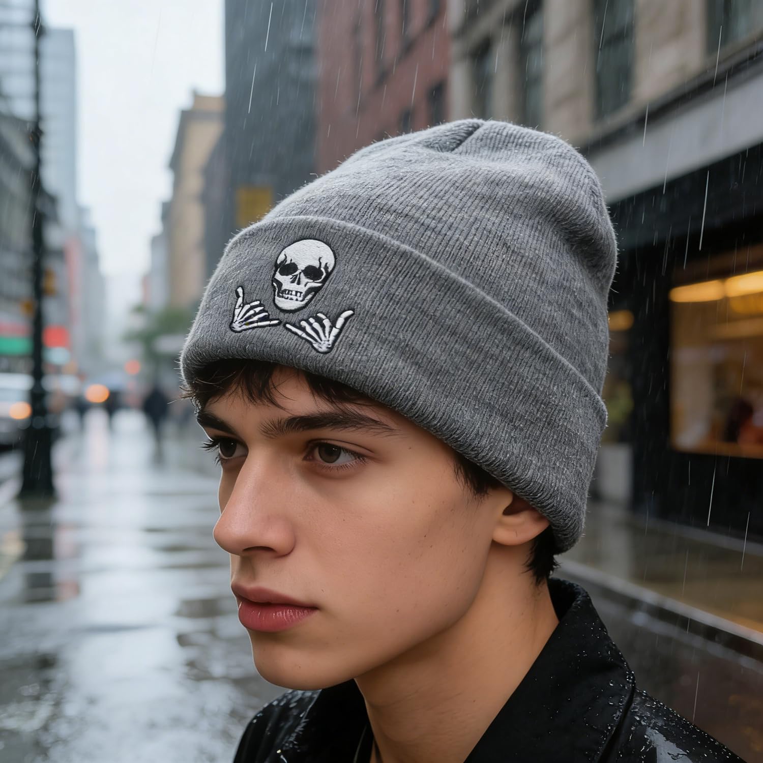 Embroidered Beanie for Men Women Stretch Knited Winter Hat Warm Cuffed Skeleton Hat Skull Cap