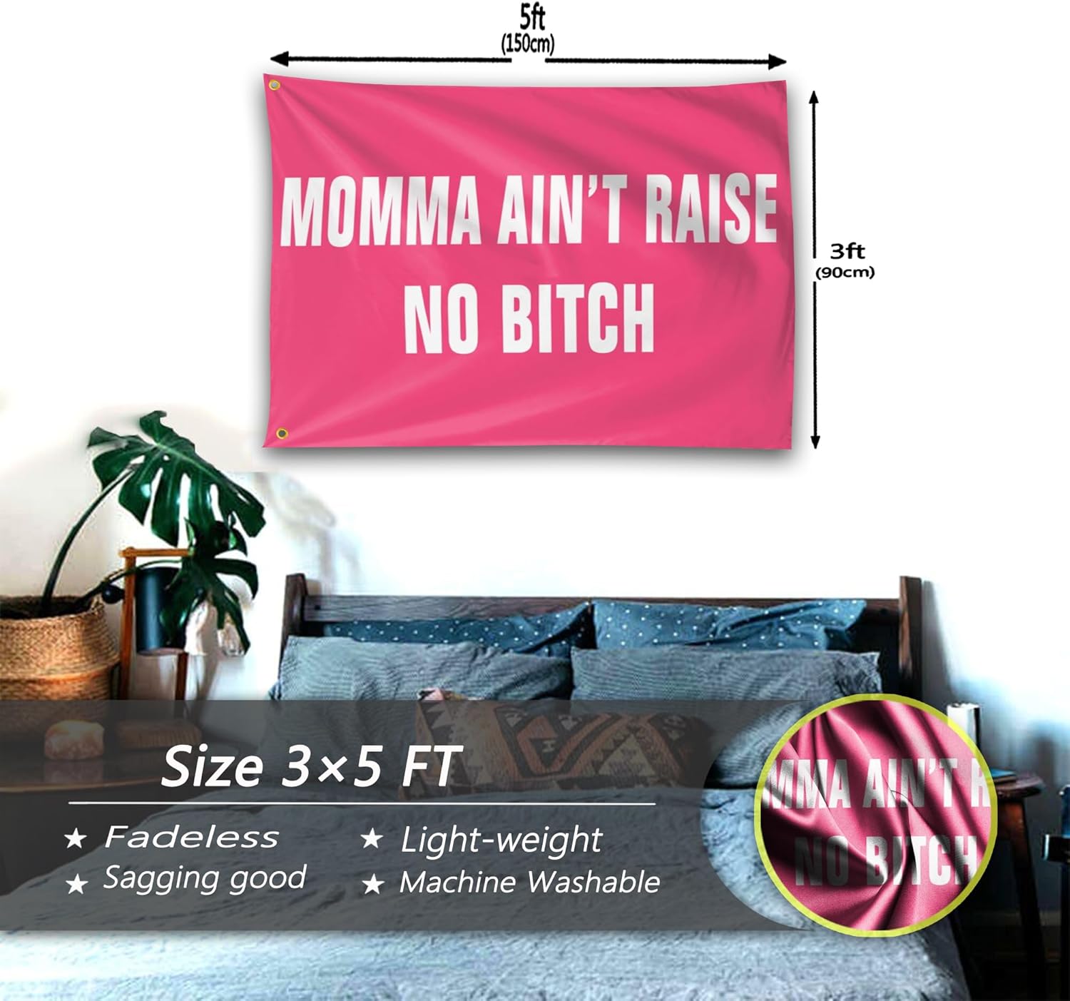 siixoi Momma Aint Raise No Bitch Flag 3x5 Ft Funny Pink Man Cave Wall Flag for Room Teen Girls Indoor Bedroom and College Dorm Wall Decor Banner Tapestry Gifts