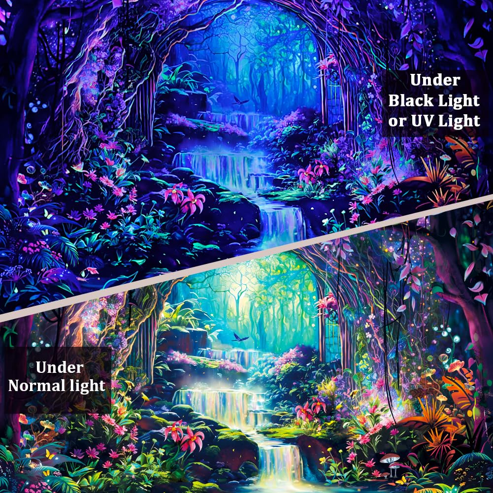 Heopapin Blacklight Magical Forest Tapestry UV Reactive Waterfall Plants Flower Tapestries Glow in Blacklight Fantasy Landscape Wall Hanging Decor for Home 59.1L x 51.2W