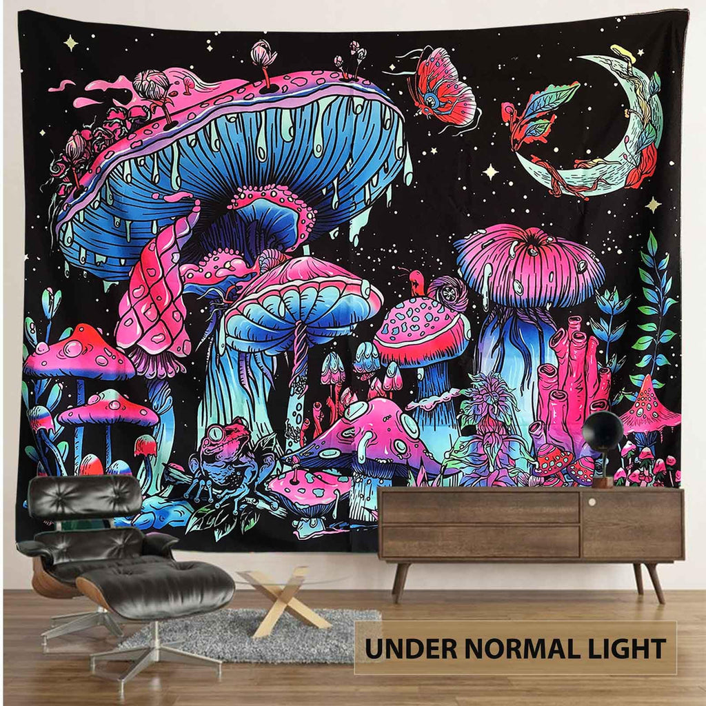 TUGCAY Blacklight Mushroom Tapestry, Glow In The Dark Tapestry Black Light Plant Fantasy UV Reactive Mushroom Butterfly Moon Tapestries Posters Wall Hanging for Bedroom Dorm Decor(70"x90")