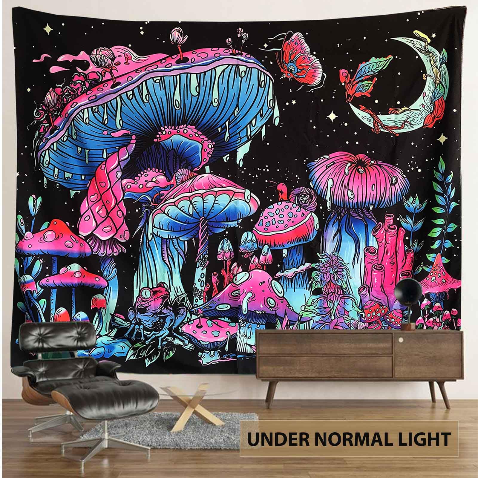 TUGCAY Blacklight Mushroom Tapestry, Glow In The Dark Tapestry Black Light Plant Fantasy UV Reactive Mushroom Butterfly Moon Tapestries Posters Wall Hanging for Bedroom Dorm Decor(70"x90")