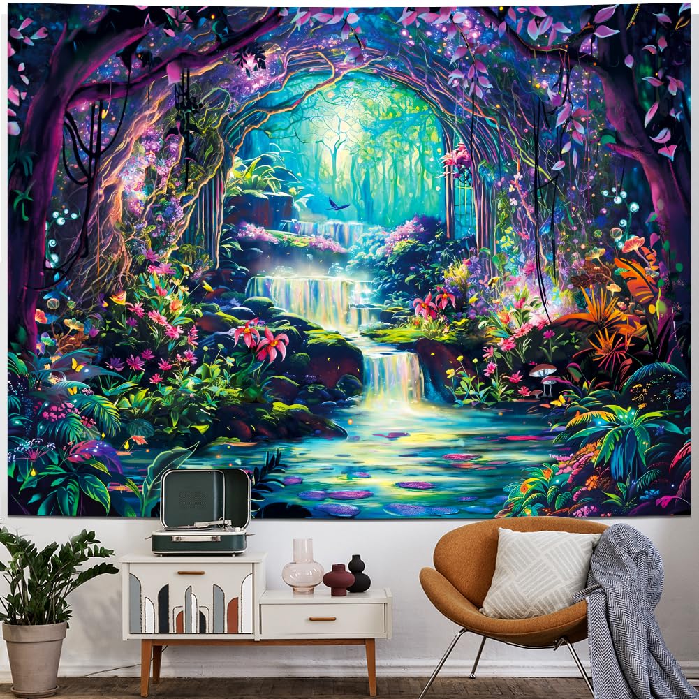 Heopapin Blacklight Magical Forest Tapestry UV Reactive Waterfall Plants Flower Tapestries Glow in Blacklight Fantasy Landscape Wall Hanging Decor for Home 59.1L x 51.2W