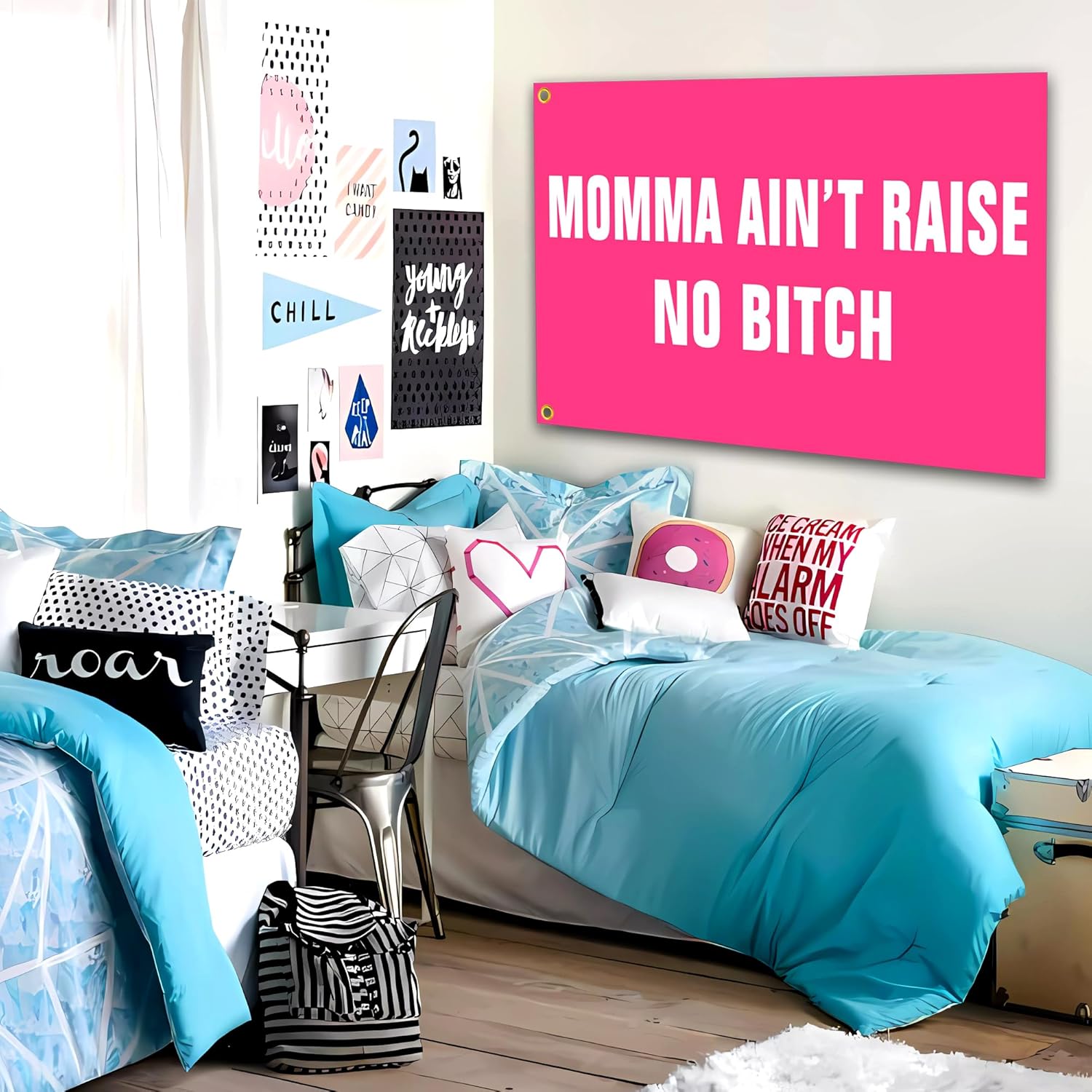 siixoi Momma Aint Raise No Bitch Flag 3x5 Ft Funny Pink Man Cave Wall Flag for Room Teen Girls Indoor Bedroom and College Dorm Wall Decor Banner Tapestry Gifts