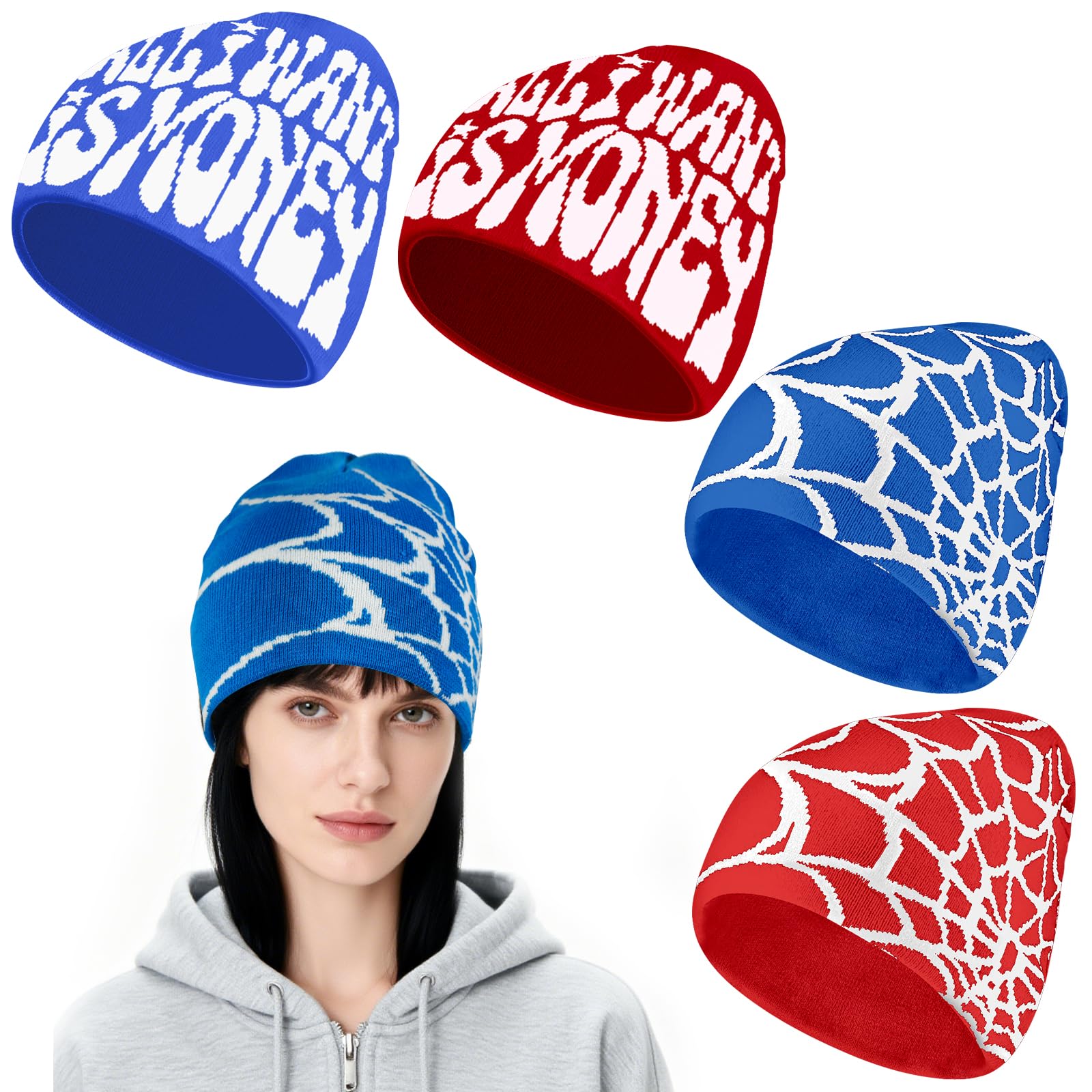 4Pcs Y2k Beanies Spider Web Pattern Acrylic Knitted Hats Casual Streetwear Beanies for Women Man Winter Outdoor