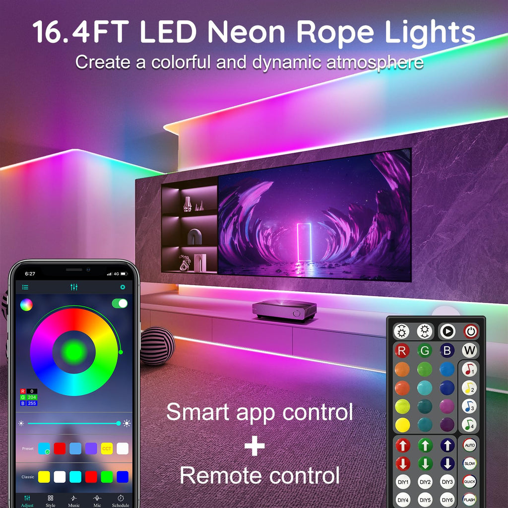 RCUICA 16.4FT LED Neon Rope Lights Waterproof with Smart App Control Remote