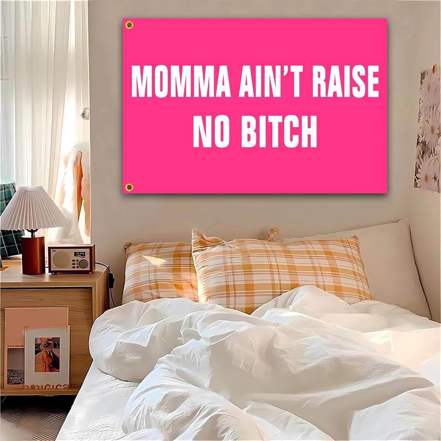 siixoi Momma Aint Raise No Bitch Flag 3x5 Ft Funny Pink Man Cave Wall Flag for Room Teen Girls Indoor Bedroom and College Dorm Wall Decor Banner Tapestry Gifts