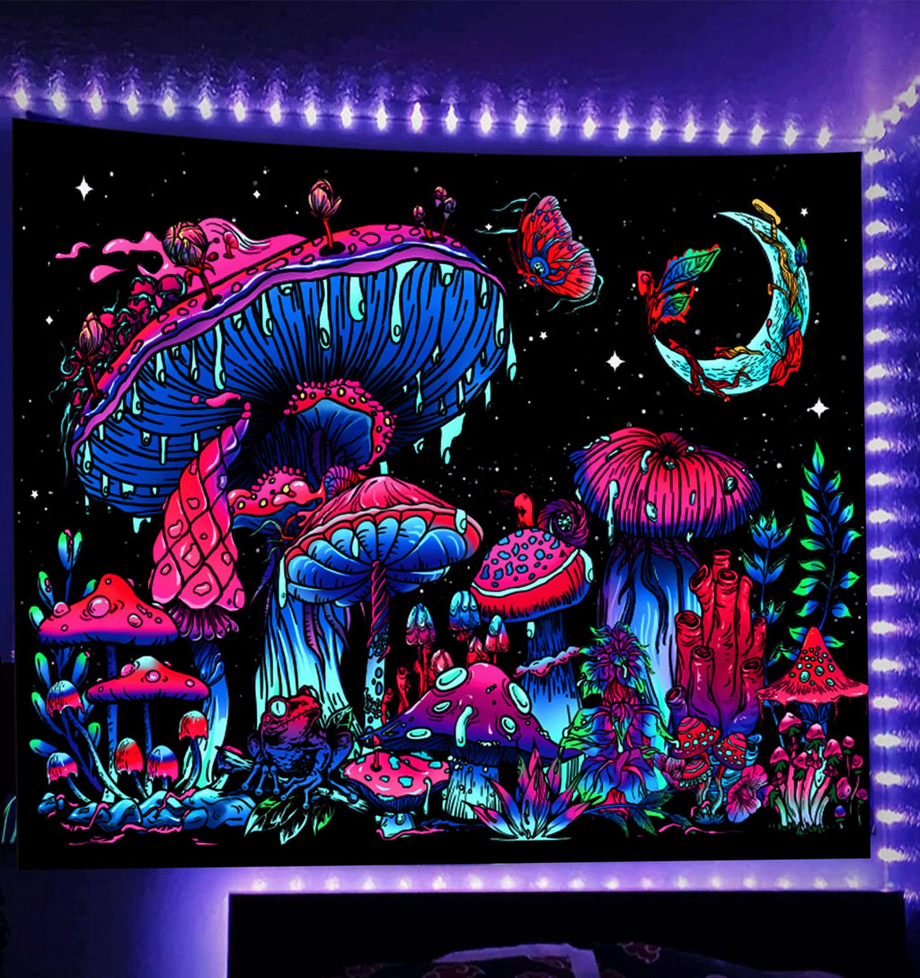 TUGCAY Blacklight Mushroom Tapestry, Glow In The Dark Tapestry Black Light Plant Fantasy UV Reactive Mushroom Butterfly Moon Tapestries Posters Wall Hanging for Bedroom Dorm Decor(70"x90")