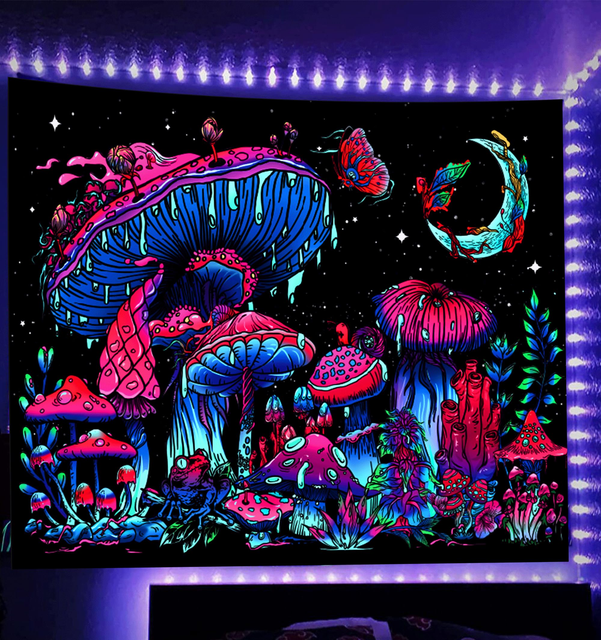 TUGCAY Blacklight Mushroom Tapestry, Glow In The Dark Tapestry Black Light Plant Fantasy UV Reactive Mushroom Butterfly Moon Tapestries Posters Wall Hanging for Bedroom Dorm Decor(70"x90")