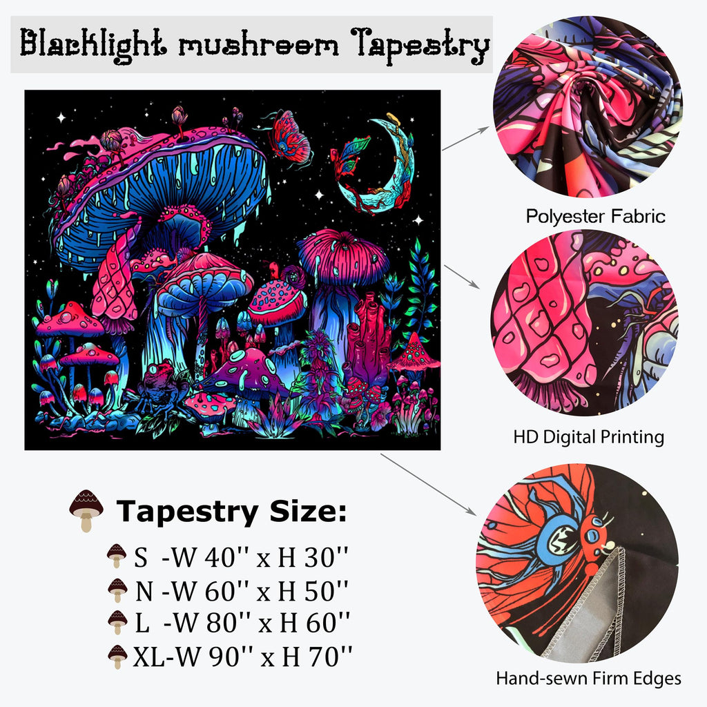 TUGCAY Blacklight Mushroom Tapestry, Glow In The Dark Tapestry Black Light Plant Fantasy UV Reactive Mushroom Butterfly Moon Tapestries Posters Wall Hanging for Bedroom Dorm Decor(70"x90")