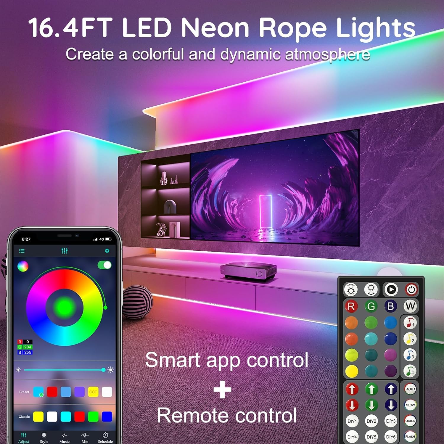 RCUICA 16.4FT LED Neon Rope Lights Waterproof with Smart App Control Remote