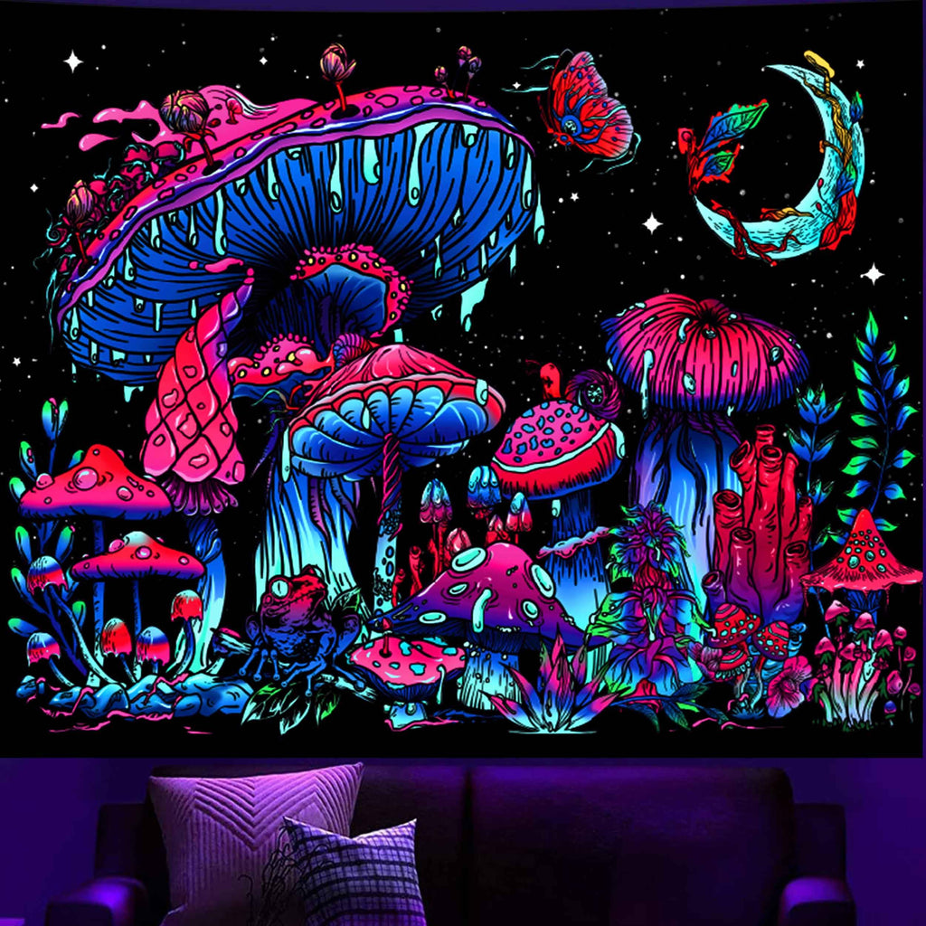 TUGCAY Blacklight Mushroom Tapestry, Glow In The Dark Tapestry Black Light Plant Fantasy UV Reactive Mushroom Butterfly Moon Tapestries Posters Wall Hanging for Bedroom Dorm Decor(70"x90")