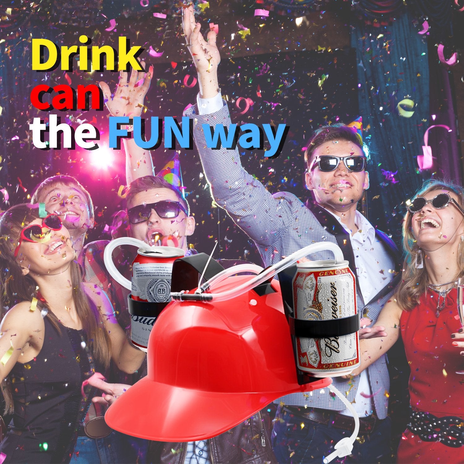 Novelty Place Drinking Helmet - Can Holder Drinker Hat Cap with Straw for Beer and Soda - Party Fun - Red/Yellow