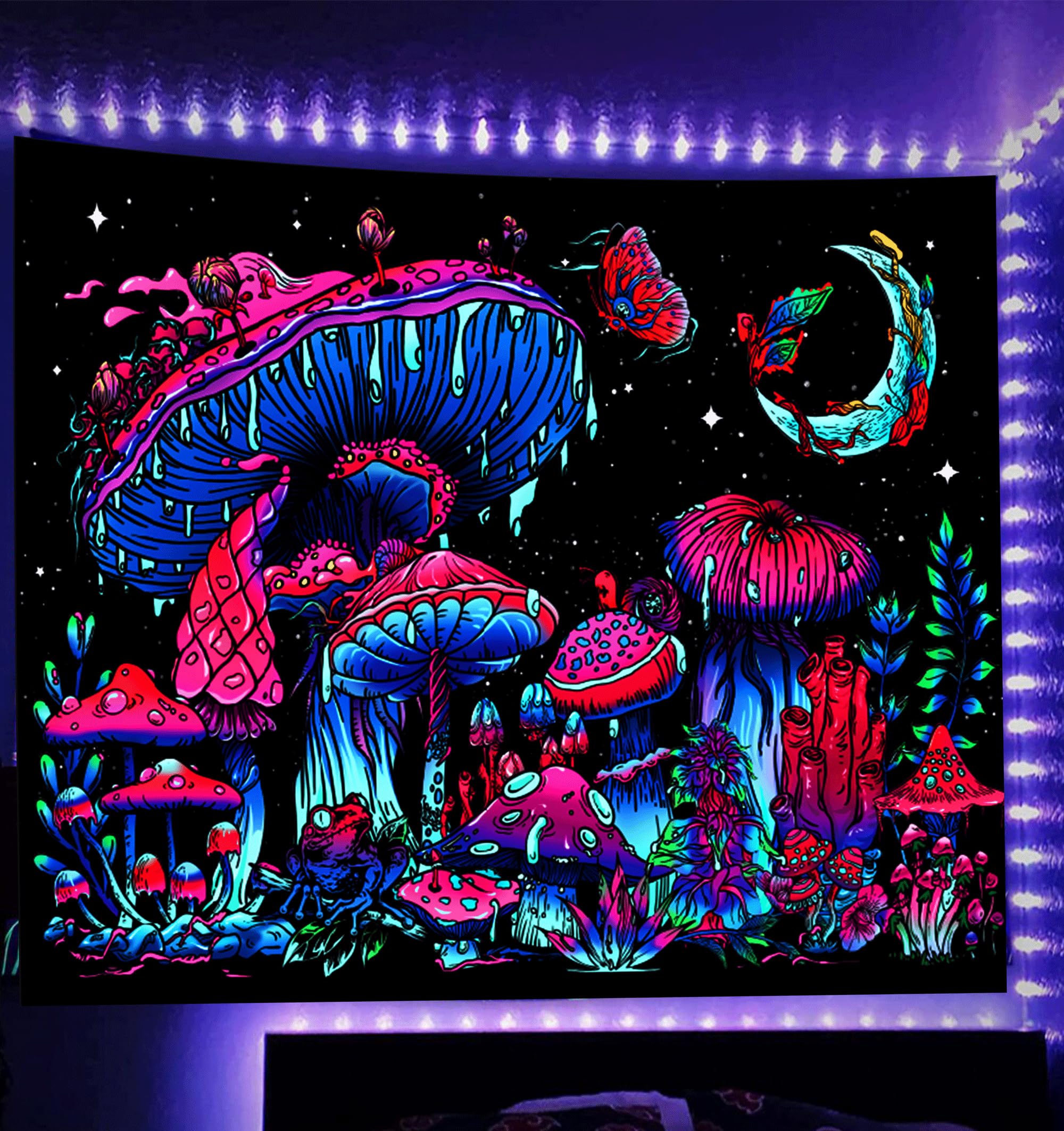 TUGCAY Blacklight Mushroom Tapestry, Glow In The Dark Tapestry Black Light Plant Fantasy UV Reactive Mushroom Butterfly Moon Tapestries Posters Wall Hanging for Bedroom Dorm Decor(70"x90")