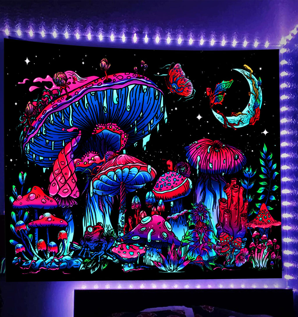 TUGCAY Blacklight Mushroom Tapestry, Glow In The Dark Tapestry Black Light Plant Fantasy UV Reactive Mushroom Butterfly Moon Tapestries Posters Wall Hanging for Bedroom Dorm Decor(70"x90")