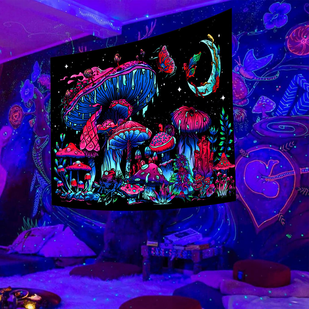 TUGCAY Blacklight Mushroom Tapestry, Glow In The Dark Tapestry Black Light Plant Fantasy UV Reactive Mushroom Butterfly Moon Tapestries Posters Wall Hanging for Bedroom Dorm Decor(70"x90")