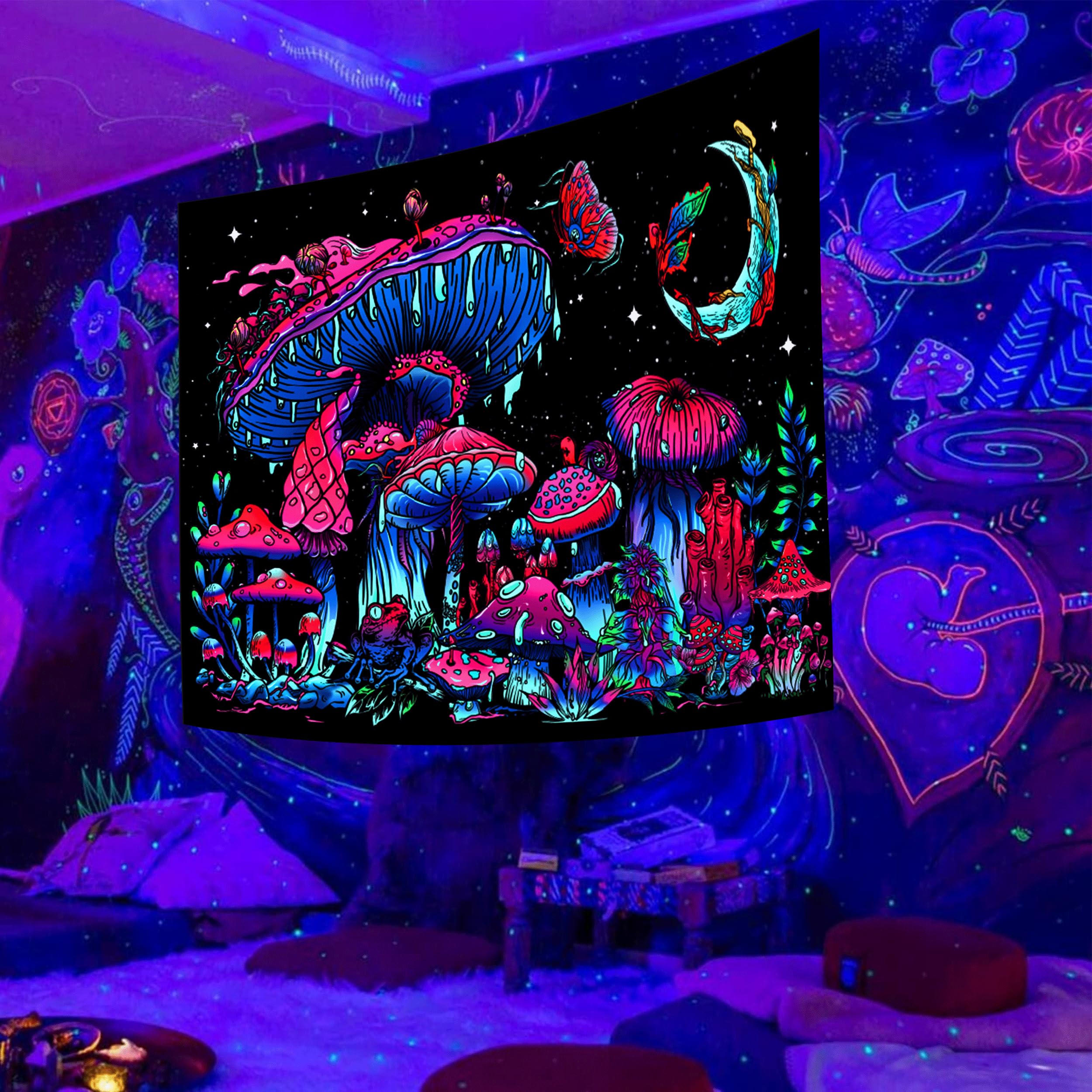 TUGCAY Blacklight Mushroom Tapestry, Glow In The Dark Tapestry Black Light Plant Fantasy UV Reactive Mushroom Butterfly Moon Tapestries Posters Wall Hanging for Bedroom Dorm Decor(70"x90")